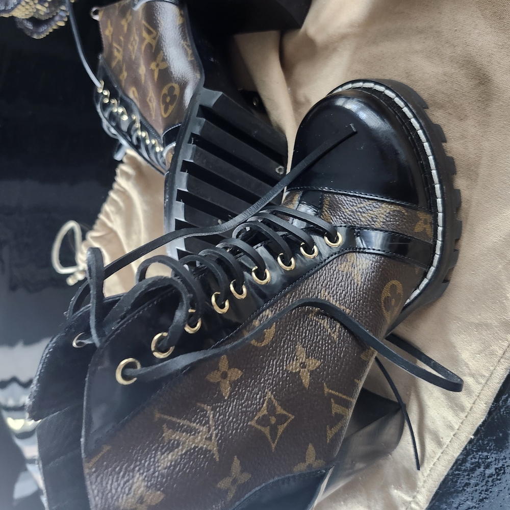 Louis Vuitton Black and Brown Combat Boots with Monogram Print